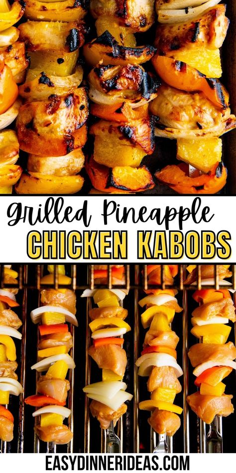 These juicy grilled chicken pineapple kabobs with vibrant bell peppers and sweet caramelized pineapple and onion are an easy 30-minute dinner. Marinated with a sweet-and-savory sauce and grilled to perfection, it'll be your new go-to chicken kabob recipe. #chickenskewers #grillingrecipe Grilled Chicken And Pineapple Kabobs, Chicken Pineapple Kabobs On The Grill, Grilled Chicken And Pineapple Skewers, Grilled Kabobs Chicken, Grilled Pineapple Chicken Kabobs, Easy Chicken Kabobs On The Grill, Chicken And Pineapple Kabobs, Chicken Kabobs On The Grill, Meat Kabobs