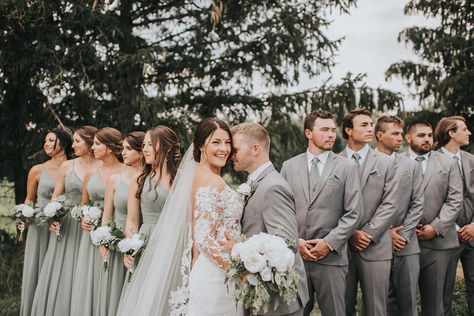 Grey Tux Wedding, Gray Wedding Party, Grey Wedding Theme, Wedding Party Groomsmen, Grey Suit Wedding, Groomsmen Grey, Groomsmen Looks, Sage Bridesmaid Dresses, Green Wedding Dresses