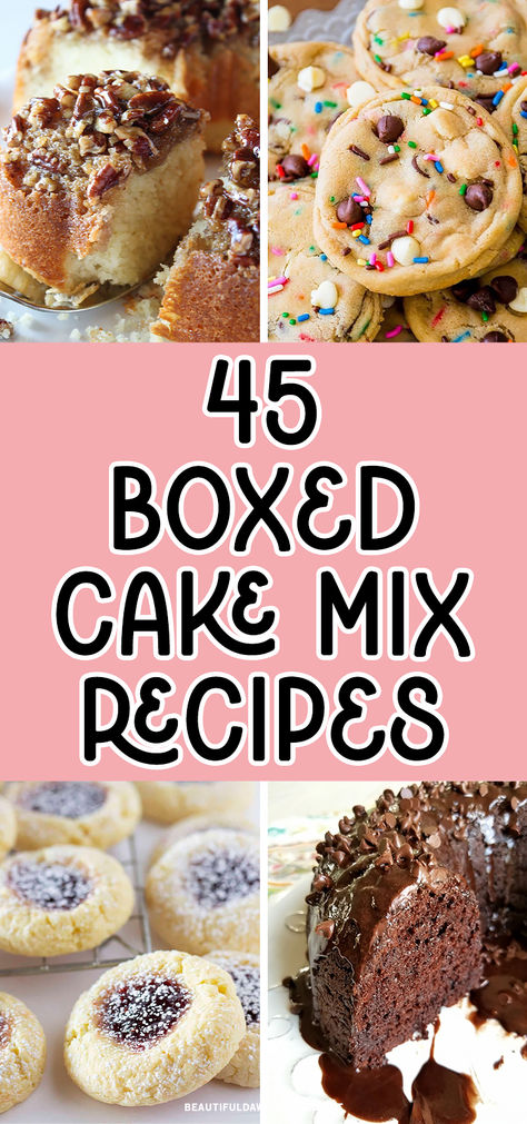 You'll love these easy dessert recieps using boxed cake mix. You find recipes for Yellow Cake Mix Thumbprint Cookies, 5-Ingredient Chocolate Cake, Cake Batter Chocolate Chip Cookies, Pecan Upside Down Bundt Cake and more. These recipes are perfect for a holiday potluck or gathering. Baking With Cake Mix Boxes, Boxed Devils Food Cake Recipes, Cake Batter Recipes Boxes, Bundt Cakes Made With Cake Mixes, Box Cake Mix Dessert Recipes, Carrot Cake Box Mix Recipe, Cake Mix To Muffins, Loaf Recipes Using Cake Mix Boxes, Easy Boxed Cake Recipes