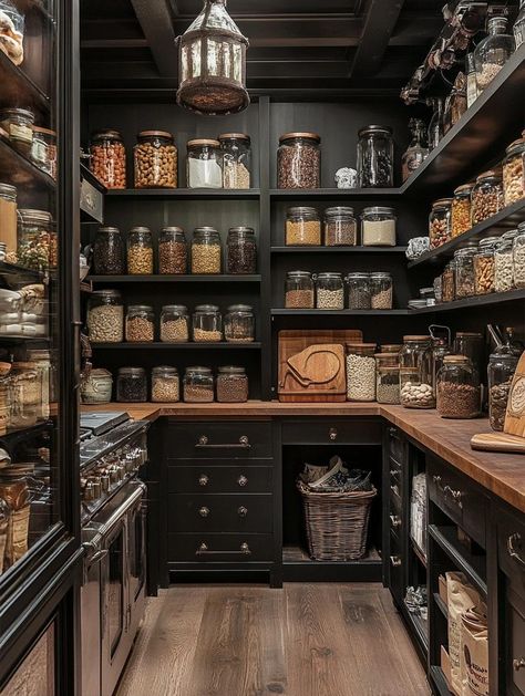 Rustic Kitchen Pantry Wall Design Ideas Butler Pantry Organization Ideas, Barndominium Pantry Ideas, Pantry Wall Design, Moody Pantry Ideas, Dark Pantry Ideas, Moody Butlers Pantry, Western Pantry, Wall In Pantry, Black Butlers Pantry