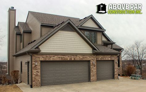 Dark Fascia And Soffit, Brown Soffit And Fascia Exterior Colors, Brown Gutters On House, Stone Garage, Lp Smartside Siding, Smartside Siding, Lp Smartside, Roof Shingle Colors, Gutters And Downspouts