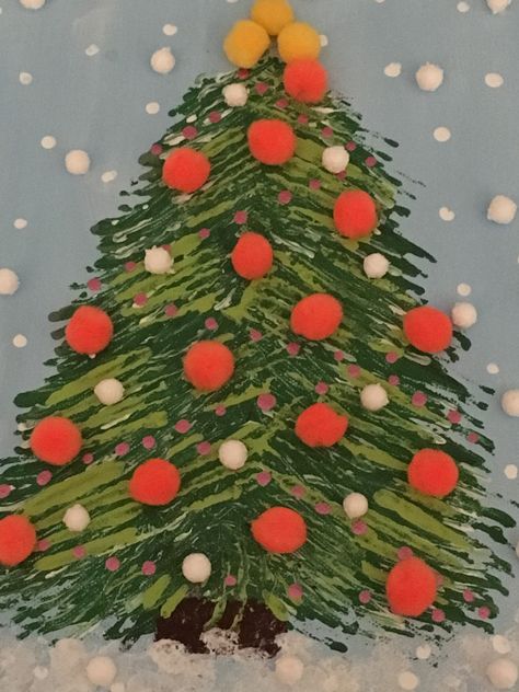 Fork Tree Painting, Fork Christmas Tree Painting, Christmas Tree Painting For Kids, Kindergarten Christmas Canvas Painting, Christmas Tree Oil Painting, Plastic Forks, Christmas Tree Painting, Early Childhood Education, Tree Painting