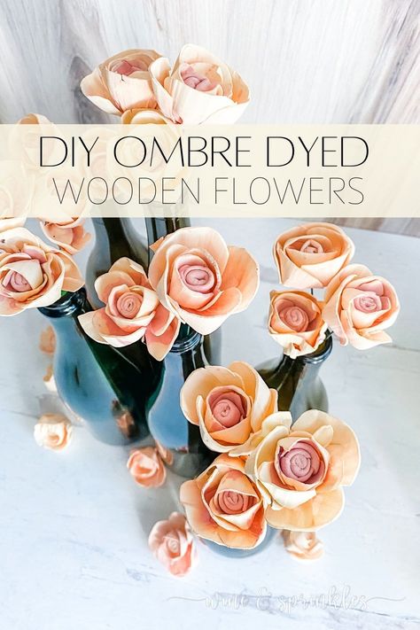 How to make your own ombre dyed two tone wooden flowers for Crafts, Wedding Bouquets & Floral Centerpieces How To Make Wooden Flowers, Wooden Flowers Diy, Wood Flower Arrangements, Wood Roses, Dyed Flowers, Winter Wedding Centerpieces, Paper Flower Arrangements, Flowers Wine, Winter Wedding Favors