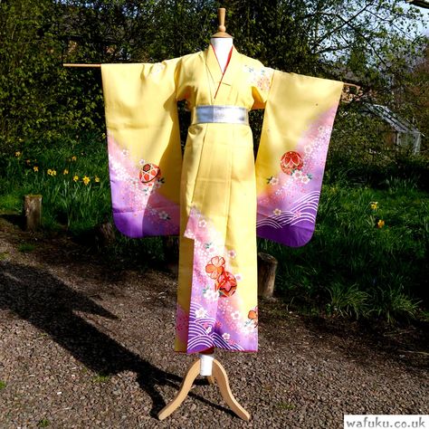 Yellow and Purple Kimono | Wafuku Plain Kimono, Purple Kimono, Yellow Kimono, Yukata Kimono, Traditional Kimono, Cap Cut, Yellow And Purple, Wooden Shoes, Womens Kimono