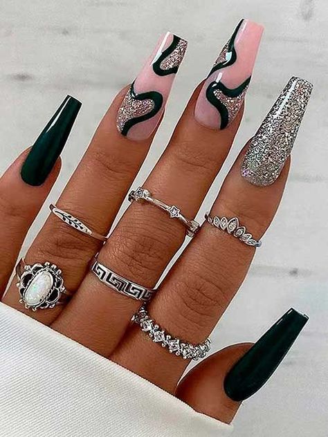 Dark Green Coffin Press on Nails with Silver Glitter and Dark Green Stripes on Two Nude Pink Accent Nails Long Nail Art, Green Acrylic Nails, Press On Nails Long, Dark Green Nails, Ombre Acrylic Nails, Fake Nails With Glue, Coffin Nails Long, Nails Long, Stick On Nails