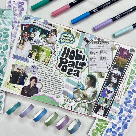 Concert Journal Ideas, Concert Journal Page, Jhope Journal, Bts Scrapbook Ideas, Concert Journal, Concert Scrapbook, Aesthetic Scrapbooking, Diy Pop Up Book, Stationery Aesthetic