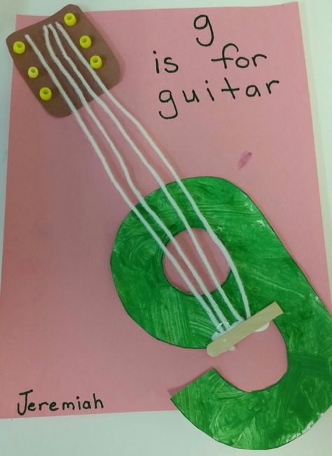 G is for guitar. Easy preschool alphabet craft. From the Firefly class. G For Guitar Craft, G Is For Guitar Craft, G Craft For Preschool, G Craft Preschool, G Is For Craft Preschool, Lowercase G Craft, Letter G Is For, G Preschool Crafts, D Preschool Crafts