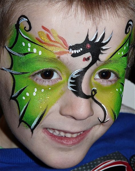 Dragon Face Painting by Michelle 1 Patterson, via Flickr Dragon Face Painting, Creepy Costume, Bodysuit Tattoos, Face Painting For Boys, Dragon Face, Face Painting Easy, Kids Face Paint, Dragon Party, Cool Face