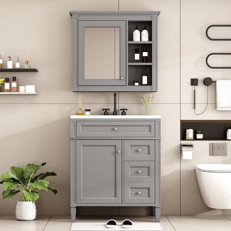 PRICES MAY VARY. BATHROOM VANITY SET WITH MIRROR CABINET: The package includes a bathroom vanity cabinet, sink, mirror cabinet, screw pack, and Instructions. With hassle-free assembly and step-by-step instructions, you can quickly set up your new bathroom fixture. Note: the whole product will come in 3 boxes. SUFFICIENT STORAGE SPACE: This bathroom vanity sink combo set offers ample storage with 2 drawers and a tip-out drawer. The combination of the cabinet body and the drawer perfectly stores a Modern Bathroom Storage, Freestanding Bathroom Storage, Mirror Storage, 30 Bathroom Vanity, Bathroom Lamp, Freestanding Vanity, Vanity Set With Mirror, Mirror Cabinet, Bathroom Mirror Cabinet