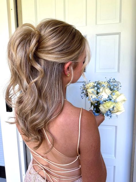 Hoco Updos Ponytail, Low Ponytail Homecoming Hair, Curled Hairstyles Wedding Guest, Half Up Half Down Hair Braided Bun, Pony Wedding Guest Hair, Cute Half Up Half Down Hoco Hair, Hoco Hair Ideas Half Up Half Down, Bridesmaid Hair Simple Down, Homecoming Hair For Open Back Dress