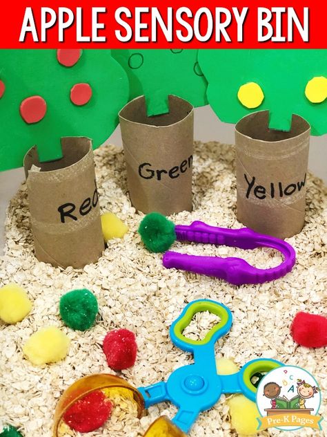 Apple Theme Sensory, September Homeschool, Apple Sensory Bin, Twos Classroom, Prek Sensory, Apple Sensory, Preschool September, Preschool Apple Activities, Winter Sensory Bin