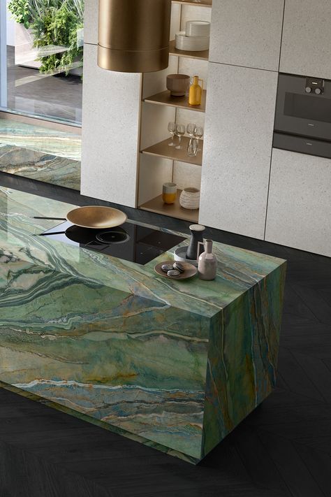 Stone Kitchen Island, Royal Peacock, Marble Kitchen Island, Stone Kitchen, Kitchen Marble, Green Interiors, Green Marble, Green Kitchen, Counter Tops