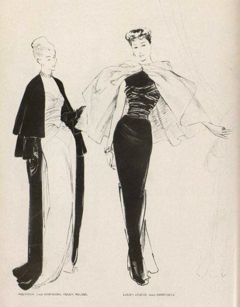 1947 dresses Vogue Fashion Sketches, Lucien Lelong, 1940s Outfits, Fashion 1940s, Fantasy Dresses, Fashion Design Portfolio, Dress Drawing, 40s Fashion, Illustration Fashion Design