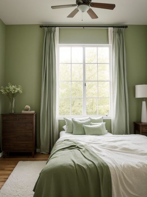 Flowy Curtains, Wall Curtains, Green Accent Wall, Green Accent Walls, Curtain Wall, Green Accents, Wooden Furniture, Shades Of Green, Accent Wall