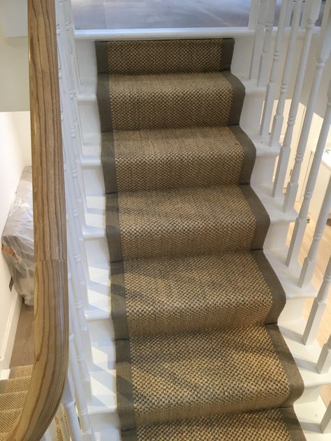 Sisal Stair Carpet Installation in Wimbledon Sisal Stair Carpet, Gray Stair Runner, Sisal Stair Runner, Weave Installation, Weave Carpet, Painted Staircases, Stairs Design Interior, Light Gray Paint, Sisal Carpet