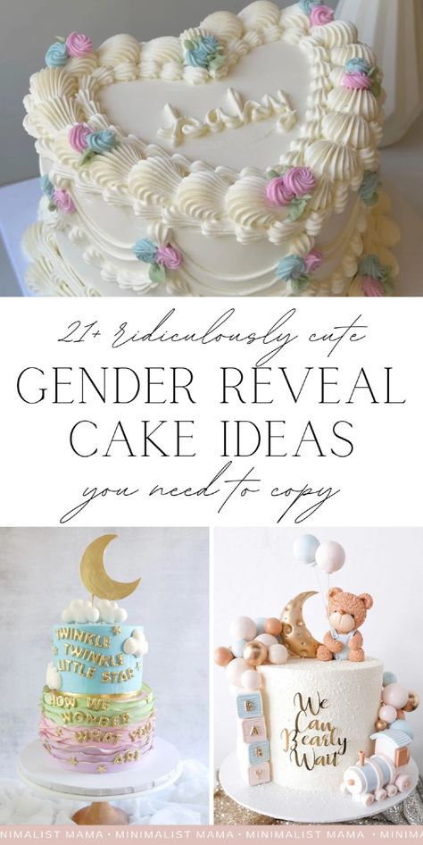 Searching for gender reveal cakes? Check out my list of cute gender reveal cake ideas, perfect for your special day! From unique, white, colorful, and simple gender reveal cakes to gender reveal cake toppers, cake pops, cupcakes, and more, these ideas are also great for pregnancy announcements and baby showers. Click through for even more gender reveal party ideas! Gender Neutral Gender Reveal Cake, Gender Reveal Tiered Cake, Rustic Gender Reveal Cake, Gender Reveal Party Cake Ideas, Western Gender Reveal Cake, Valentines Gender Reveal Cake, Baby Shower Cake Gender Neutral, Pregnancy Announcement Cake Ideas, Baby Shower Cake Ideas Unique