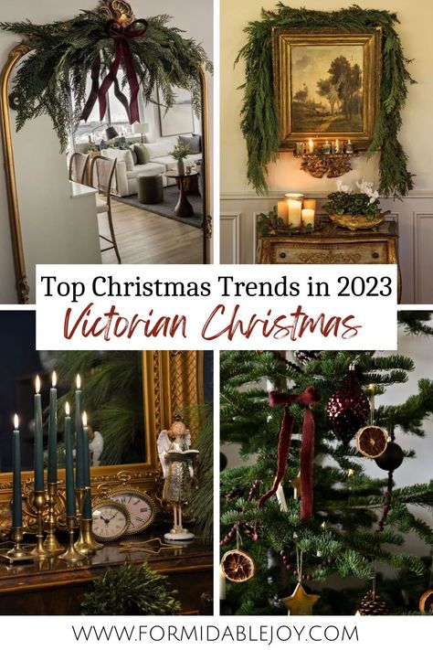 If you're looking for inspiration for Christmas decorations, look no further. Read this blog post to discover how to achieve one of the top Christmas trends in 2023: Victorian Christmas. Christmas Ornaments Traditional, Dickens Christmas Aesthetic, Victorian Inspired Christmas, Victorian Christmas Mantle Decor, Victorian Christmas Centerpieces, Byers Carolers Display Decorating Tips, Victorian Style Christmas Decorations, Victorian Holiday Decor, Victorian House Christmas Decorations