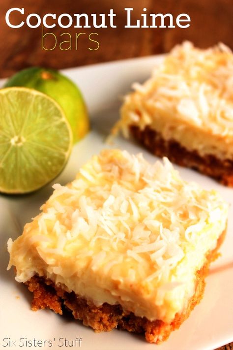 Delicious Coconut Lime Bars from SixSistersStuff.com Coconut Lime Bars, Creamy Key Lime Pie, Homemade Lemon Bars, Lemon Bar Cookies, Cookie Cups Recipe, Lime Bars, Six Sisters Stuff, Coconut Bars, Simple Keto