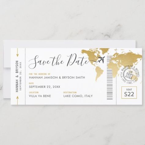 $ 3.1 | Boarding Pass Save the Date Gold World Map #boarding pass wedding invitations, boarding pass, destination wedding, boarding pass save the date, world map, gold, save the date destination, travel, passport, plane ticket Travel Save The Date Ideas, Boarding Pass Wedding Invitations, Boarding Pass Save The Date, Travel Wedding Invitations, Map Invitation, Map Wedding Invitation, Boarding Pass Wedding Invitation, Boarding Pass Invitation, Gold World Map