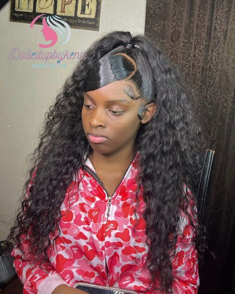 Curly Lace Front Wigs Hairstyles, Hairstyles Swoop, Lace Front Wigs Hairstyles, Ponytail With Swoop, Deep Wave Ponytail, Hair Middle Part, Wave Ponytail, Wave Hairstyle, Braid Half Up Half Down