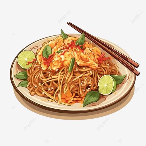 Pad Thai Illustration, Pad Thai Drawing, Thai Food Illustration, Pasta Art, Thai Salads, Chicken Signs, Food Drawings, Cute Food Drawings, Illustration Food