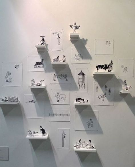 HomelySmart | 30 Creative Ways To Add Artistic Touch To Your Walls - HomelySmart Drawing Exibition Idea, Small Exhibition Design, Exhibition Display Ideas, Lucy Kirk, Drawing Exhibition, Illustration Exhibition, معرض فني, Creative Review, Museum Displays