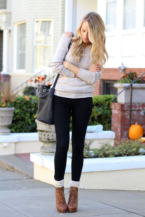 Wear a grey oversized sweater and black slim jeans for a trendy and easy going look. For footwear go down the classic route with brown leather lace-up ankle boots.  Shop this look for $125:  http://lookastic.com/women/looks/oversized-sweater-tote-bag-skinny-jeans-knee-high-socks-lace-up-ankle-boots/6097  — Grey Oversized Sweater  — Black Leather Tote Bag  — Black Skinny Jeans  — White Knee High Socks  — Brown Leather Lace-up Ankle Boots White Knee High Socks, Ankle Boots With Jeans, How To Wear Ankle Boots, Boots Outfit Ankle, Oversized Grey Sweater, Boots Outfits, Booties Outfit, Sock Outfits, Fall Jeans