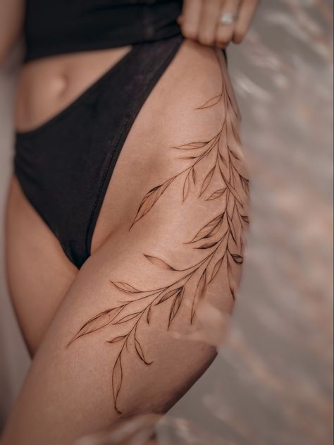 #tattoo #tattooideas #tattoosforwomen #leaves #flowertattoo Leg Band Tattoo, Tattoo Leaves, Leg Band Tattoos, Upper Leg Tattoos, Side Hip Tattoos, Side Tattoos Women, Upper Thigh Tattoos, Lower Leg Tattoos, Around Arm Tattoo