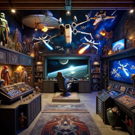 Star Wars dream Garage Star Wars Game Room Man Caves, Nerd Cave Ideas, Star Wars Man Cave, Movie Theater Room, Movie Room Ideas, Movie Theater Rooms, Nerd Cave, Car Man Cave, Nerd Life