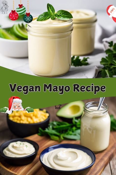 A jar of creamy vegan mayo sits on a rustic wooden surface, surrounded by fresh lemon wedges, garlic cloves, and a drizzle of oil. The smooth, velvety texture of the mayo is perfect for spreading on sandwiches or using in salads and dips. A delicious, plant-based alternative to traditional mayonnaise! Vegan Mayo Recipe, Vegan Crab Cakes, Vegan Crab, Sauces Recipes, Mayo Recipe, Vegan Potato Salads, Plant Milk, Dairy Free Alternatives, Homemade Condiments