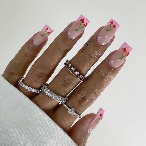 ig: gieos.room Pink Cherry Nails, Pink Cute Nails, Cherry Nails, Pink Cherry, Nails Pink, Pink Nails, Pretty Nails, Nail Ideas, Cute Nails