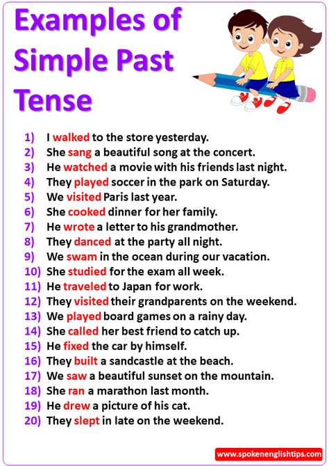 Hay| Are you really looking to write past tense sentences? I have shared this article for you on examples of simple past tense sentences with exercise and frequently asked questions that will be very helpful for you. In this blog post, we will provide 25 examples of past tense sentences to help you understand how ... Read more Has Have Had Sentences, Have Sentences, Simple Tenses, Verb Sentences, Simple Past, Past Simple Sentences, Past Simple, Past Tense Sentences, Past Simple Examples