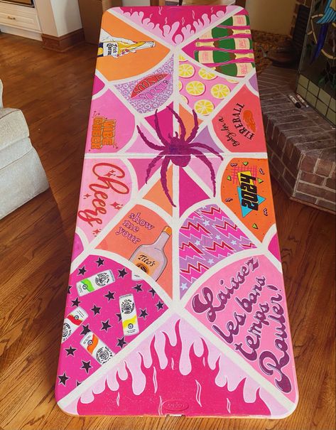 Halloween Pong Table, Homemade Beer Pong Table, Ping Table Ideas, College Pong Table, Beach Beer Pong, Ping Pong Table Painted, Cup Pong Tables Painted, Pong Table Painted, Game Garage