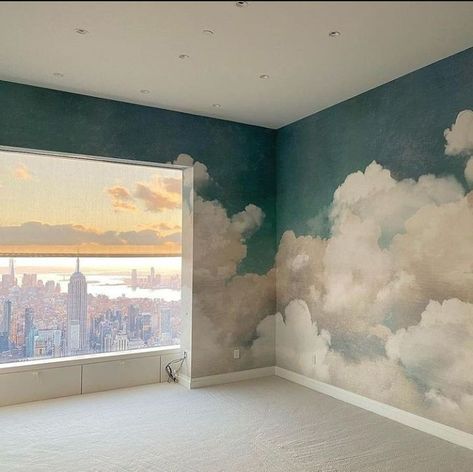 Cloud Painted Walls, Wall Clouds Diy, Cloud Accent Wall Nursery, Painting My Ceiling, Cloud Wall Paint, Cloudy Room Aesthetic, Paint Clouds On Walls, How To Paint Clouds On Ceiling, Cloud Mural Bedroom