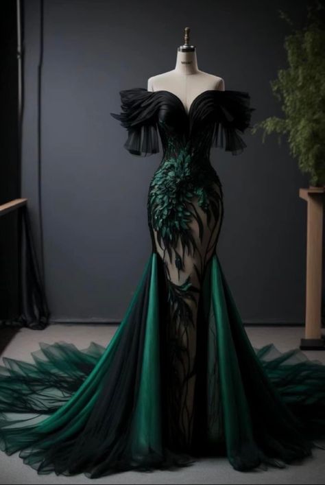 Green And Gold Formal Dress, Villian Dress Aesthetic, Black And Green Fantasy Dress, Dark Green And Black Dress, Black And Green Dress Gowns, Fantasy Villain Aesthetic Outfits, Black And Green Gown, Black And Green Wedding Dress, Dark Fantasy Gown