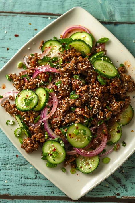 Mouthwatering Spicy Keto Korean Ground Beef Recipe with Refreshing Cucumber Salad #ketodiet #ketorecipes #lowcarb Beef And Cucumber, Salad Recipes With Ground Beef, Lunch Recipes Ground Beef, Ground Beef Salads, Salads With Beef, Keto Korean Beef Bowl, Clean Eating Beef Recipes, Ground Beef Salad Recipes, Ground Beef Recipes For Dinner Keto