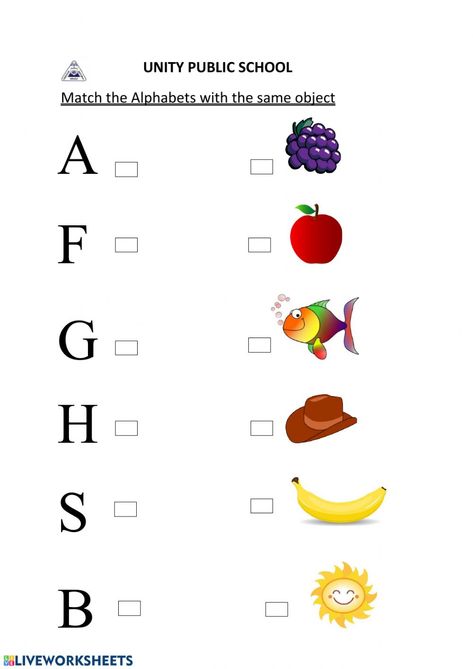 Matching the first letter of the picture interactive exercise for kindergarten. You can do the exercises online or download the worksheet as pdf. First Letter Worksheet, Worksheet On Alphabets For Kindergarten, Match The Pictures Worksheets, Matching Pictures, Letter Matching Activities Preschool, Pg Worksheet English, Matching Sheets For Preschool, First Letter Of The Picture Worksheet, Match The Letters