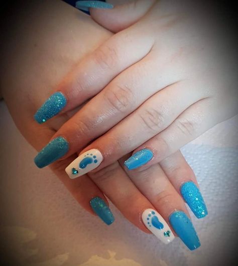 New Baby Nails Designs, Baby Boy Acrylic Nails, Nail Art Baby Shower Ideas, Baby Shower Blue Nails, Boy Baby Shower Nails Designs, Baby Boy Nails Designs Blue, Blue Nails For Baby Boy Shower Ideas, Nails For Baby Boy, Nails For Baby Shower Boy