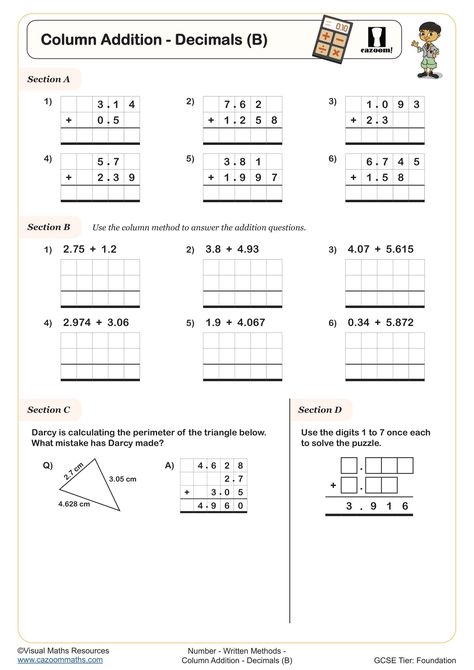 Column Addition - Decimals (B) Year 9 Maths Worksheets, Ks3 Maths Worksheets, Year 8 Maths Worksheets, Ks1 Maths Worksheets, Year 6 Maths Worksheets, Year 2 Maths Worksheets, Year 5 Maths Worksheets, Year 7 Maths Worksheets, Year 4 Maths Worksheets