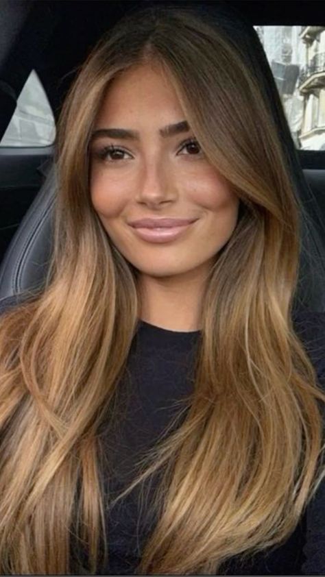 Honey Blonde On Pale Skin, Honey Bronze Hair, Full Caramel Highlights, Caramel Brunette Hair Color, Light Brown Hair Color Ideas Honey, Vanilla Latte Hair Color, Warm Brown Blonde Hair, Brown And Honey Blonde Hair, Brown Warm Hair