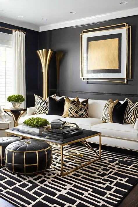 25 Black and Gold Living Room Ideas for Chic Decor Black Gold And White Living Room Decor, Black Gold White Home Decor, Black And Gold Living Room Decor, Black White And Gold Living Room, Black White Gold Living Room, Black And Gold Home Decor, Cream Living Room Decor, Gold Living Room Furniture, Gold Living Room Ideas