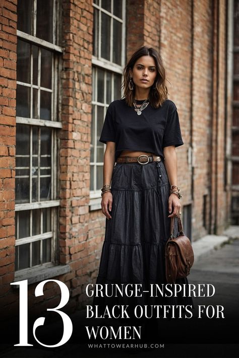 Step up your style game with 13 grunge-inspired black outfits that bring edgy flair to any wardrobe. From baggy pants to classic combat boots, these looks give off cool, rebellious vibes perfect for bold fashion. #GrungeAesthetic #BlackOutfits #BoldFashion Womens Masculine Fashion, Forest Green Bag Outfit, Punky Style Outfits, Dark Boho Outfits Casual, Alternative Fashion In Your 30s, Petite Celebrity Style, Edgy And Classy Outfits, Girlie Tomboy Style, Grunge New Years Outfit