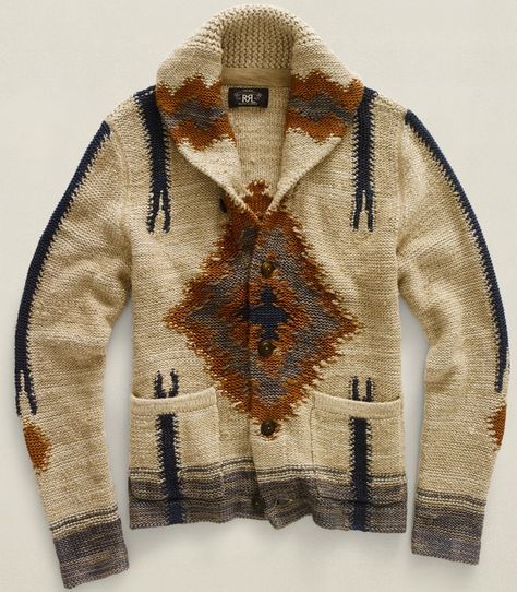 Raw Silk and Wool Indian Inspired Cardigan, By RRL, Ralph Lauren. Men's Fall Winter Fashion. A Well Traveled Woman, Soft Knit Cardigan, Shawl Collar Cardigan, Mode Boho, Shawl Cardigan, Western Wear, Look Fashion, Cardigan Sweater, Style Me