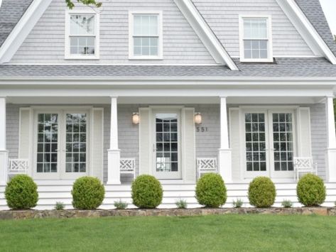 Window Boxes and Curb Appeal - Nesting With Grace Gray Siding Farmhouse, Light Gray Colonial House Exterior, Coastal New England Home Exterior, New England Homes Exterior, New England Home Exterior, Farmhouse Siding, New England Exterior, Train House, Curb Appeal Ideas