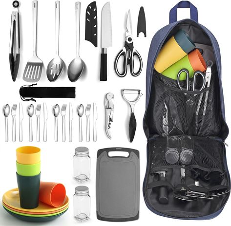 All-in-One Camping Kitchen Set: This comprehensive camping cooking utensil set includes stainless steel cooking tongs, slotted spatulas, slotted spoons, cooking spoons, a chef's knife, kitchen shears, a bottle opener, peeler, two spice bottles, one chopping board, and 4 plastic plates and cups for four people, along with 4 stainless steel knives, forks, and spoons – everything you need for outdoor cooking and dining. Silverware Sets, Camping Cooking Utensils, Camping Cutlery, Camping Accesorios, Plates And Cups, Camping Cooking, Outdoor Stove, Kitchen Kit, Camping Cookware