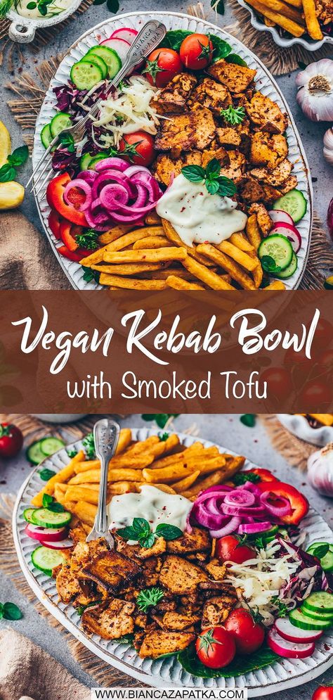 This Homemade Vegan Doner Kebab Bowl with crispy shredded tofu meat is a simple and delicious recipe that tastes even better than the original from the restaurant! Tofu Meat, Tofu Kebab, Shredded Tofu, Vegan Kebab, Vegan Casserole Recipes, Kebab Meat, Salad Veggies, Vegan Casserole, Doner Kebab