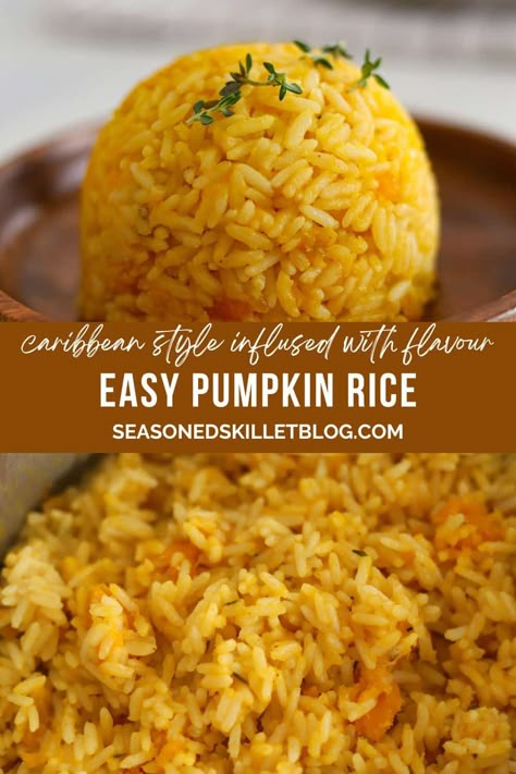 Pumpkin rice is tender rice stewed with pumpkin, fresh herbs, and coconut milk for a nutritious side. Creamy and fragrant, with a subtle sweetness, this pumpkin rice recipe is going to become your new favourite rice dish! Squash Rice Recipes, Pumpkin And Rice Recipes, Bean And Rice Meals, Indian Curry Rice Recipe, Fall Rice Recipes, Butternut Squash Rice Pilaf, Easy Rice Meals Dinners, Rice Mix Recipes, Winter Rice Recipes