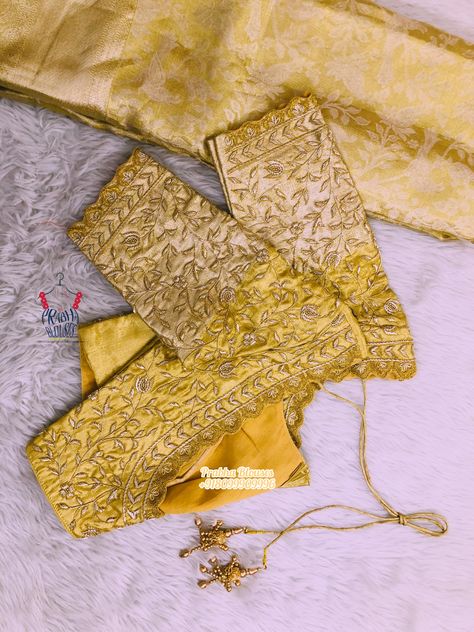 Maggam Work On Gold Color Blouse, Gold Blouse Aari Work Designs, Gold Maggam Work Blouse Designs, Gold Blouse Designs, Bridal Embroidery, Gold Saree, Magam Work, Maggam Blouse, Saree Kanchipuram