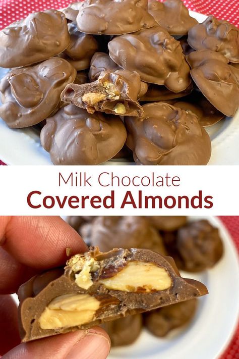 Collage of milk chocolate covered almonds with a bite taken out of one showing whole almonds and text in the center Chocolate Covered Almonds Recipe, Homemade Milk Chocolate, Almond Bark Recipes, Almond Clusters, Homemade Milk, Homemade Candy Bars, Chocolate Covered Nuts, Almond Snack, Almonds Recipe