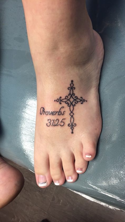 My Proverbs 31:25 foot tattoo Cross Tattoos Designs, Unique Cross Tattoos, Small Cross Tattoos, Tattoo Foot, Cross Tattoos For Women, Cross Tattoos, Foot Tattoos For Women, Cross Tattoo Designs, Religious Tattoos